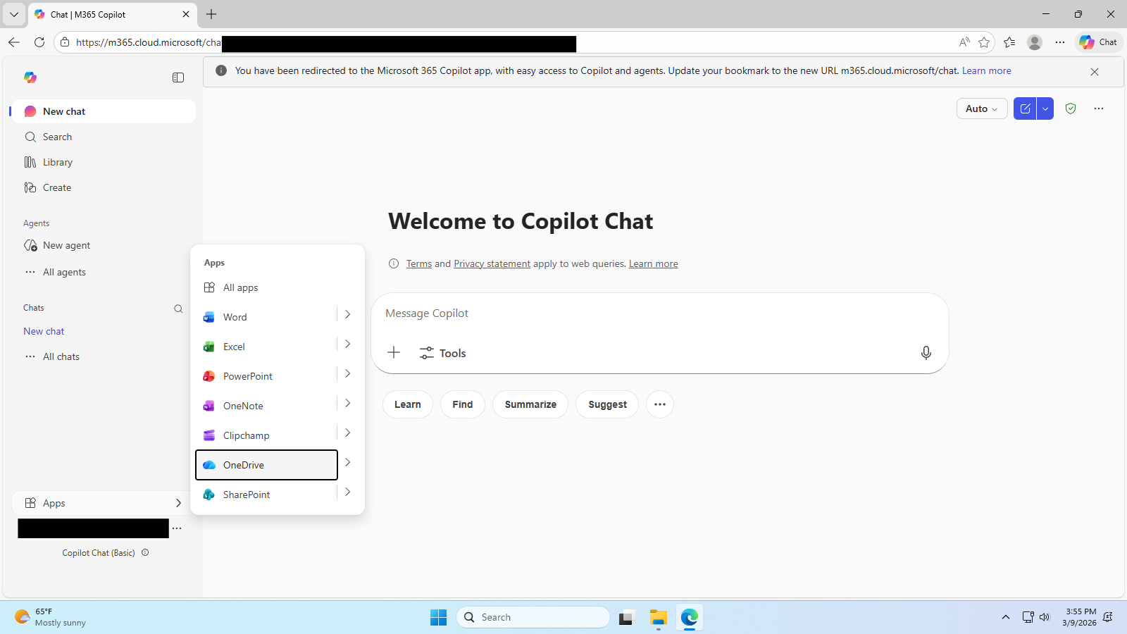 The OneDrive option can be opened from Microsoft 365 through the Apps popout.