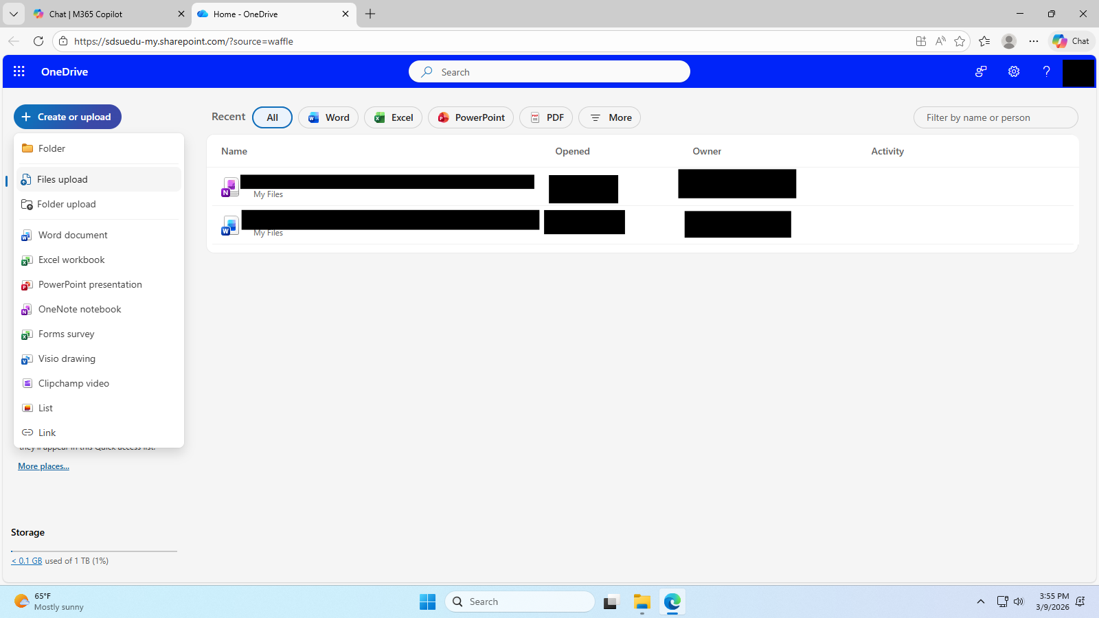 Files can be uploaded with the "Create or upload" button.